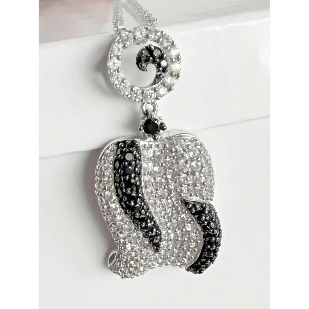 925 Sterling Silver Black & White Pavé Statement Pendant Necklace 18”